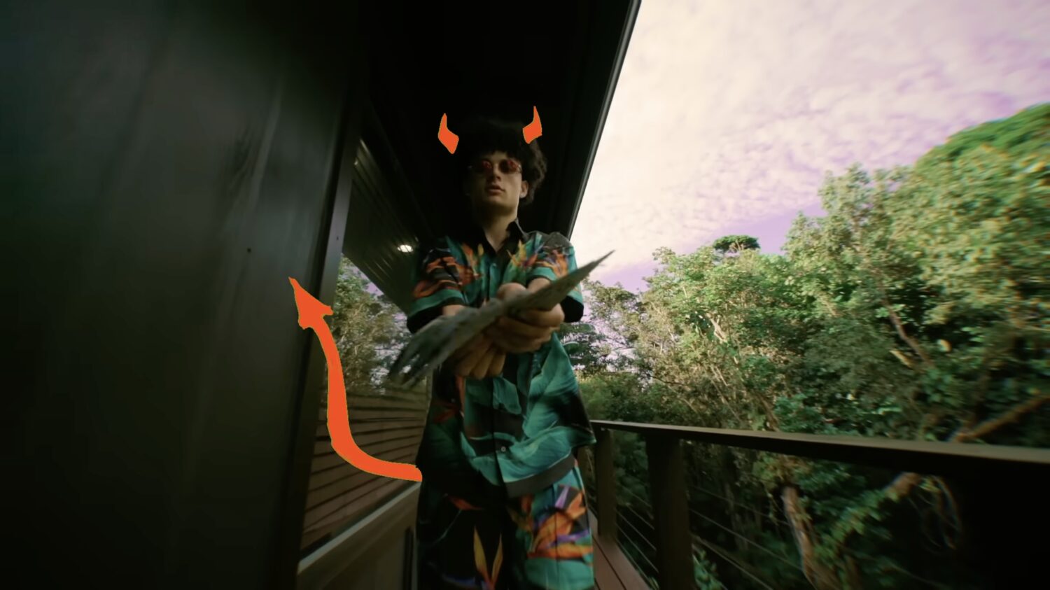 Balcony scene with graphic horns and arrow overlay