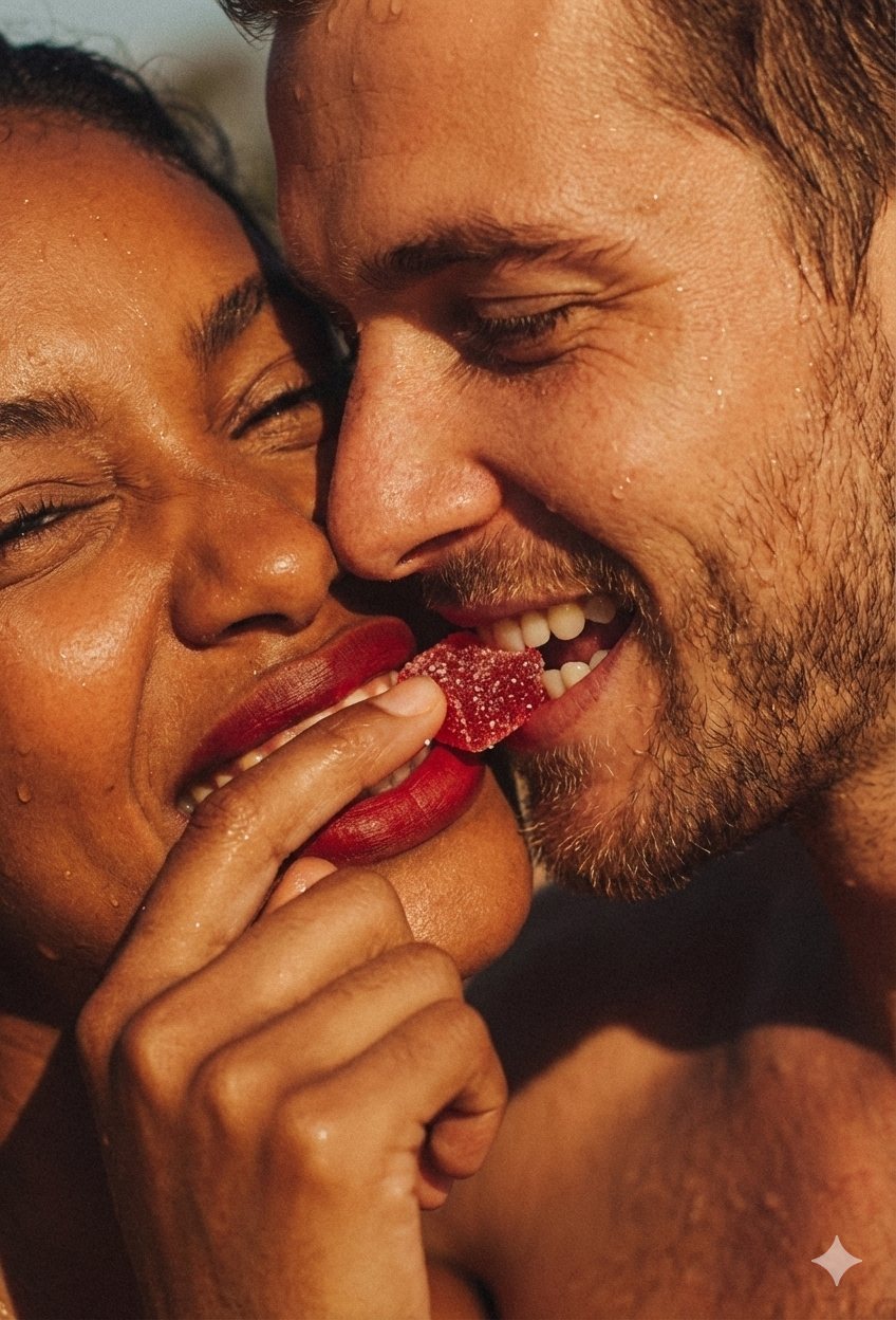 Lunore Spicy Cubes UGC ad — a couple sharing a gummy in golden-hour light