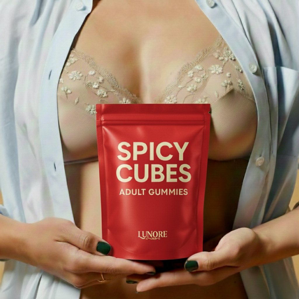 Lunore Spicy Cubes hero product creative — the pack held front and centre