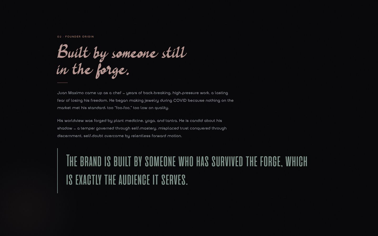 Brand book page: Built by someone still in the forge