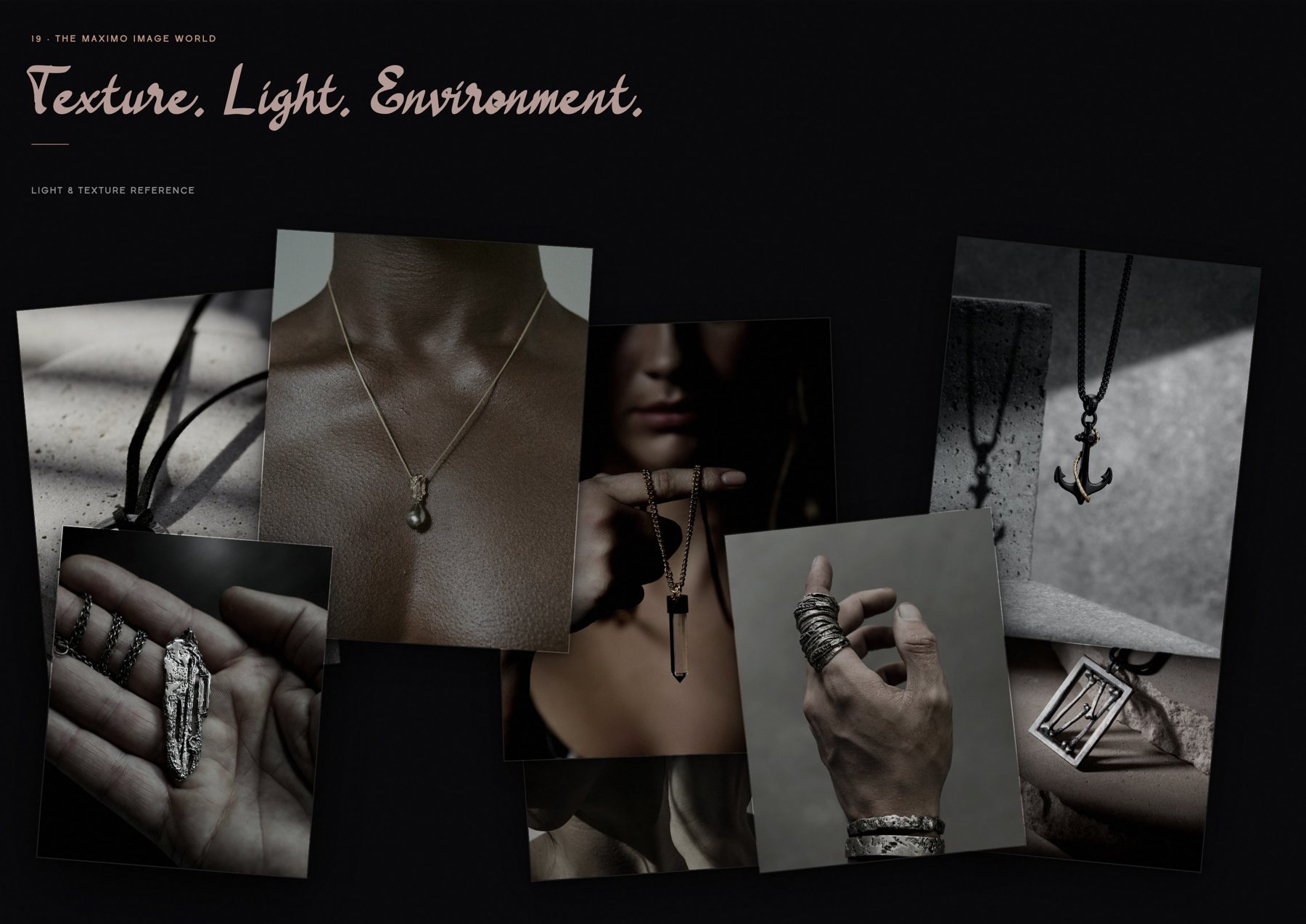 Brand book page: light and texture reference moodboard of silver on skin, stone and shadow