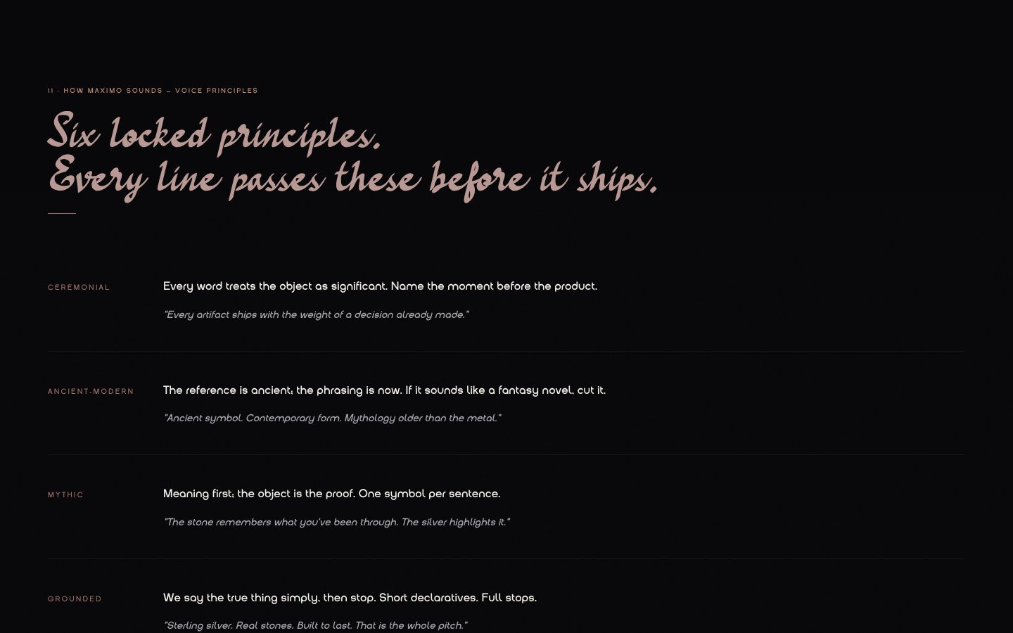 Brand book page: six locked voice principles