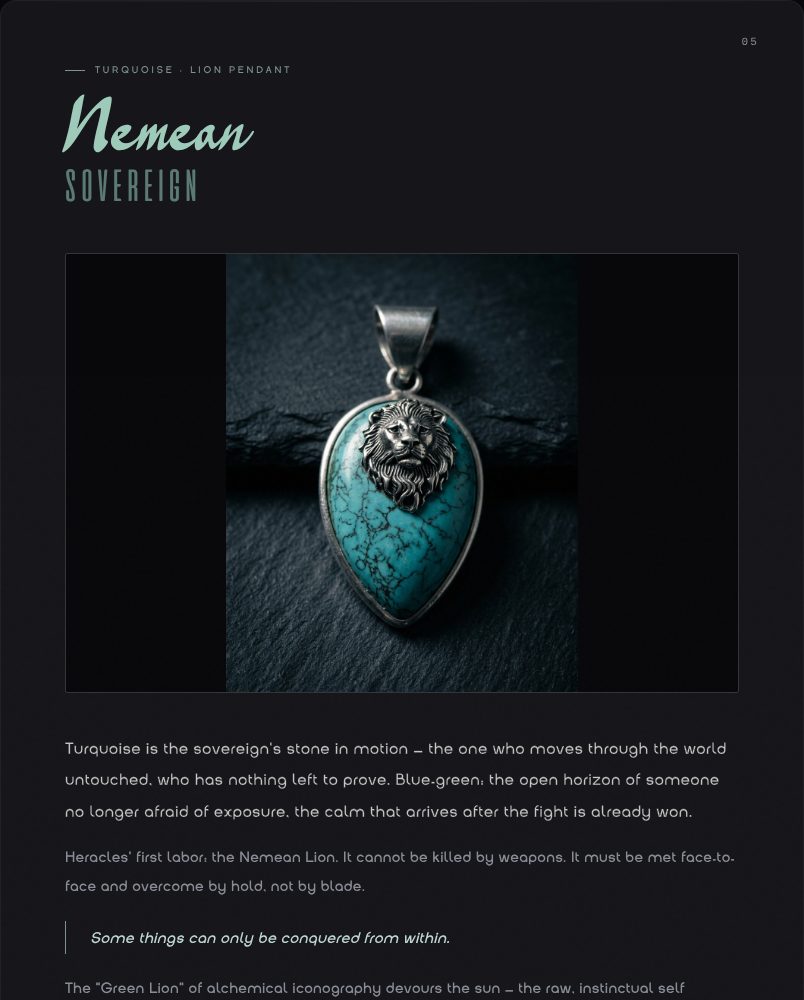 Stone one-pager entry for Nemean, turquoise lion pendant